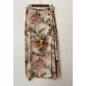 Primark Size 8 Brown Tan Palm Leaves Print Side Slit Button Midi Skirt Vintage